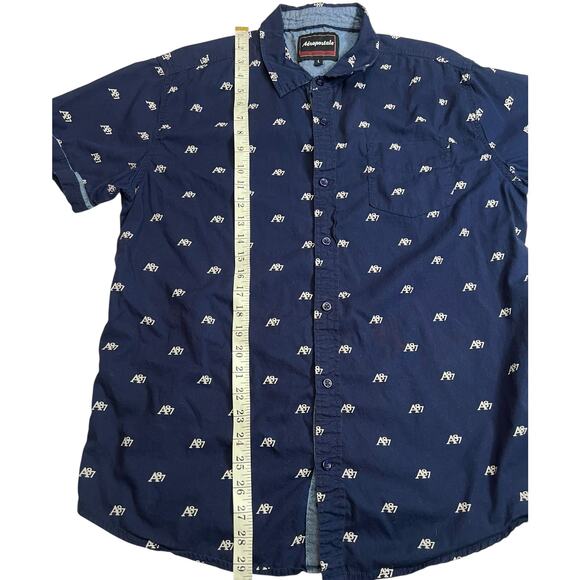 Aeropostale A87 Men’s Short Sleeve Button Up Shirt Large Navy Blue All Over Logo - Picture 10 of 11